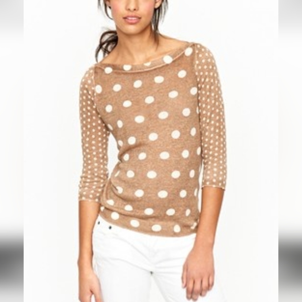 J. Crew Tan Cream Polka Dot Boatneck Pullover Linen Cotton Sweater M